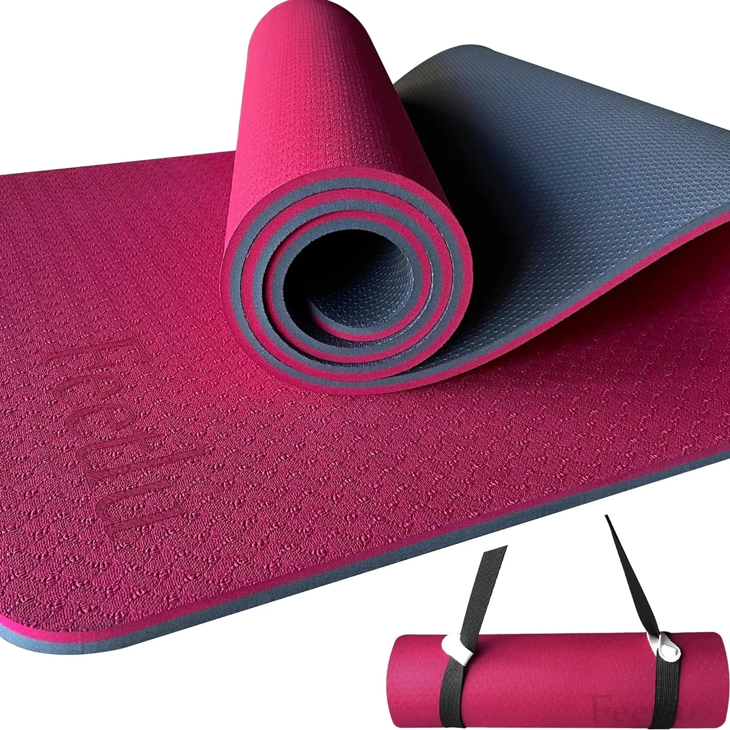 

Yoga Mat with Strap – 10mm & 12mm Thick Yoga Mat, Non-Skid Dual Surface Workout Mat, Eco-Friendly POE Yoga Mats