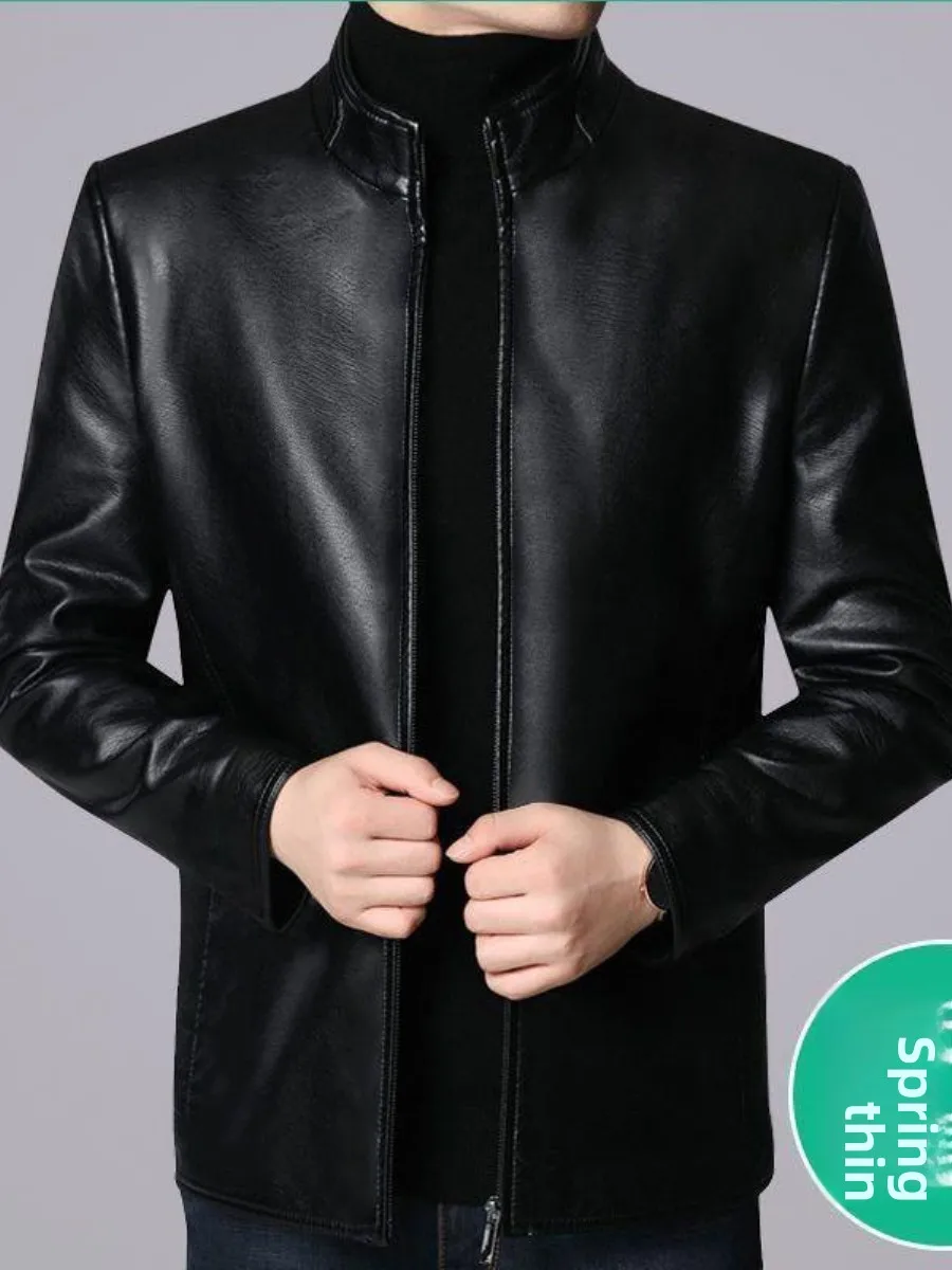 

Thiened Fce Winter Jaet Men's Leather Coat Warm Outerwear Slim Fit Long Sve Zipper Closure Faion Urban Sle