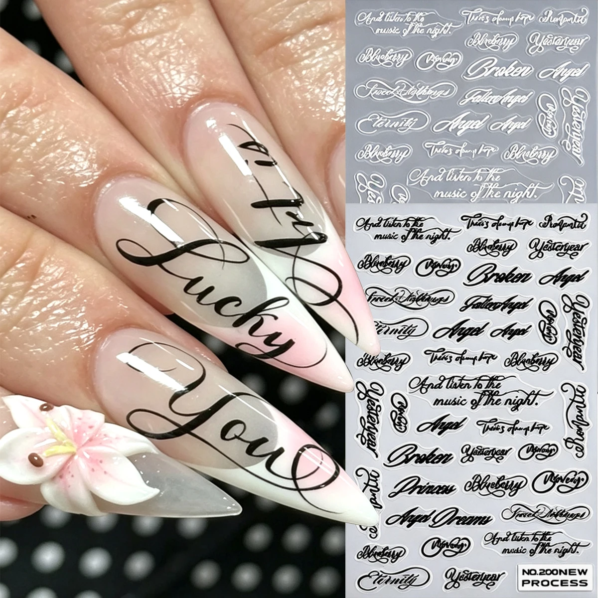 Gothic-style italic English font, Y2K nail stickers, black and white English characters, punk rock style nail stickers.