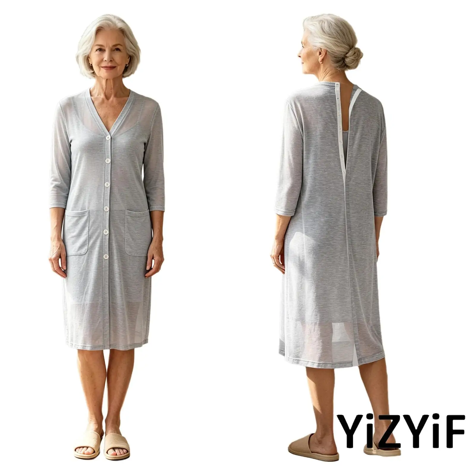 

V Neck Long Sleeve Adaptive Cardigan for Elderly Women Front Back Button Closure Patch Pockets Outerwear Special Needs costume