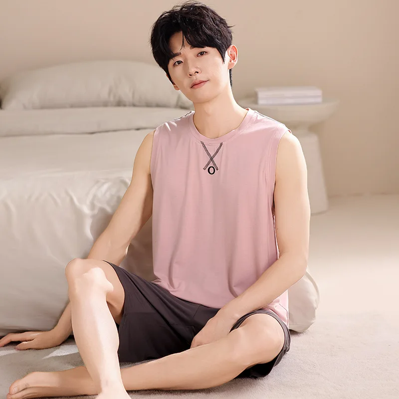 

2Pcs/set Modal Sleepwear for Men Sleeveless Sleeping Top Shorts Loungewear Young Boy Male Nightwear Breathable Pijamas Hombre