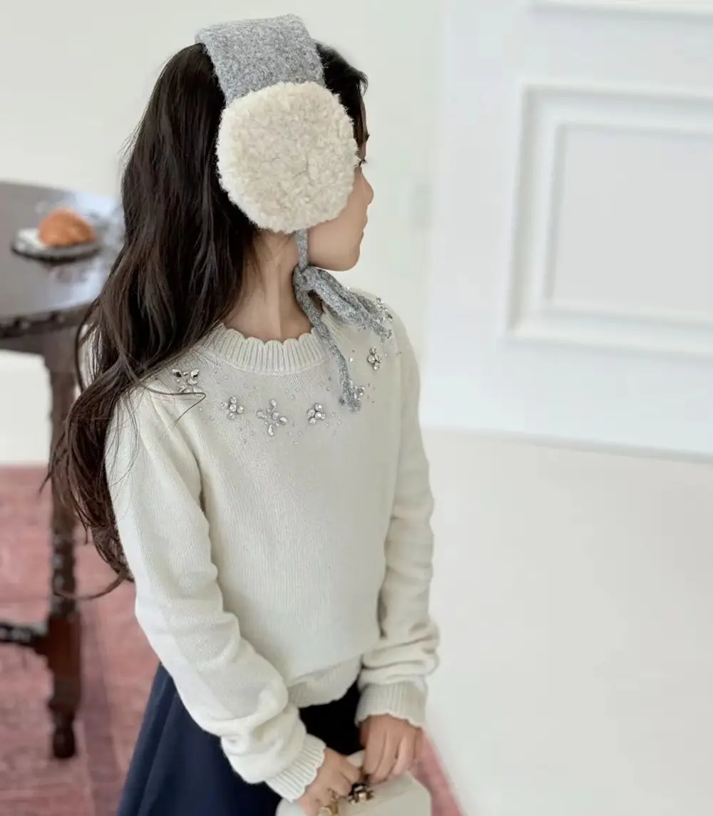 

baby sweaters kids clothes girls pullover tops Flower pattern diamond stickers Exquisite wool knitted sweater