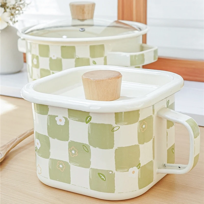 Enamel Soup Pot Light Green Plaid Square Bowl with Lid Pastoral Sealed Storage Tank Noodle Bowl Baking Pan Kitchen Cookware