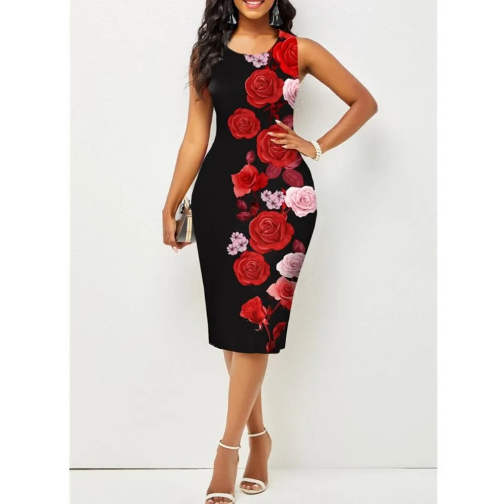 Plus Size Midi Dress for Women Elegant Print Party Dress 2024 Sleeveless Slim Dress