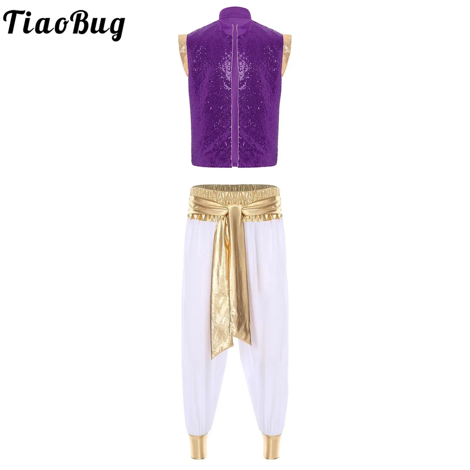 

Men Halloween Party Arabian Prince Costume Sparkly Sequin Open Front Waistcoat And Bloomers Pants Prince Suit Fairytale Clothes