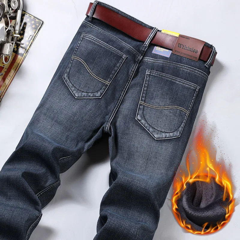 Pantaloni in pile di marca famosa di qualità invernale da uomo Jean Winter Thermal Warm flanella Stretch Jeans pantaloni floccati dritti Denim