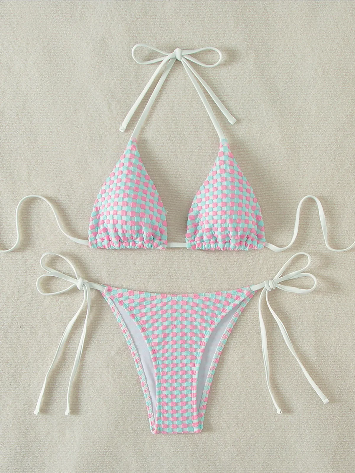

Women's Plaid Print Two Piece Swimsuit Sexy Triangle Suspender Backless Bikini Set V-neck Push Up Beach Vacation Swimwear 2024