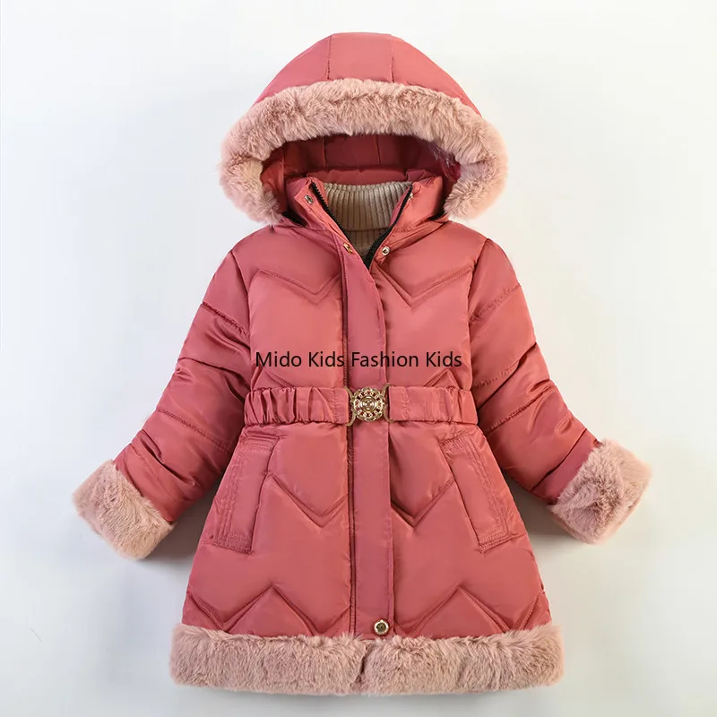 Children's Clothing Winter Korean Style Girls' Solid Colour Mid-Length Cotton Coat Stylish Fur-Trimmed Collar Jacket