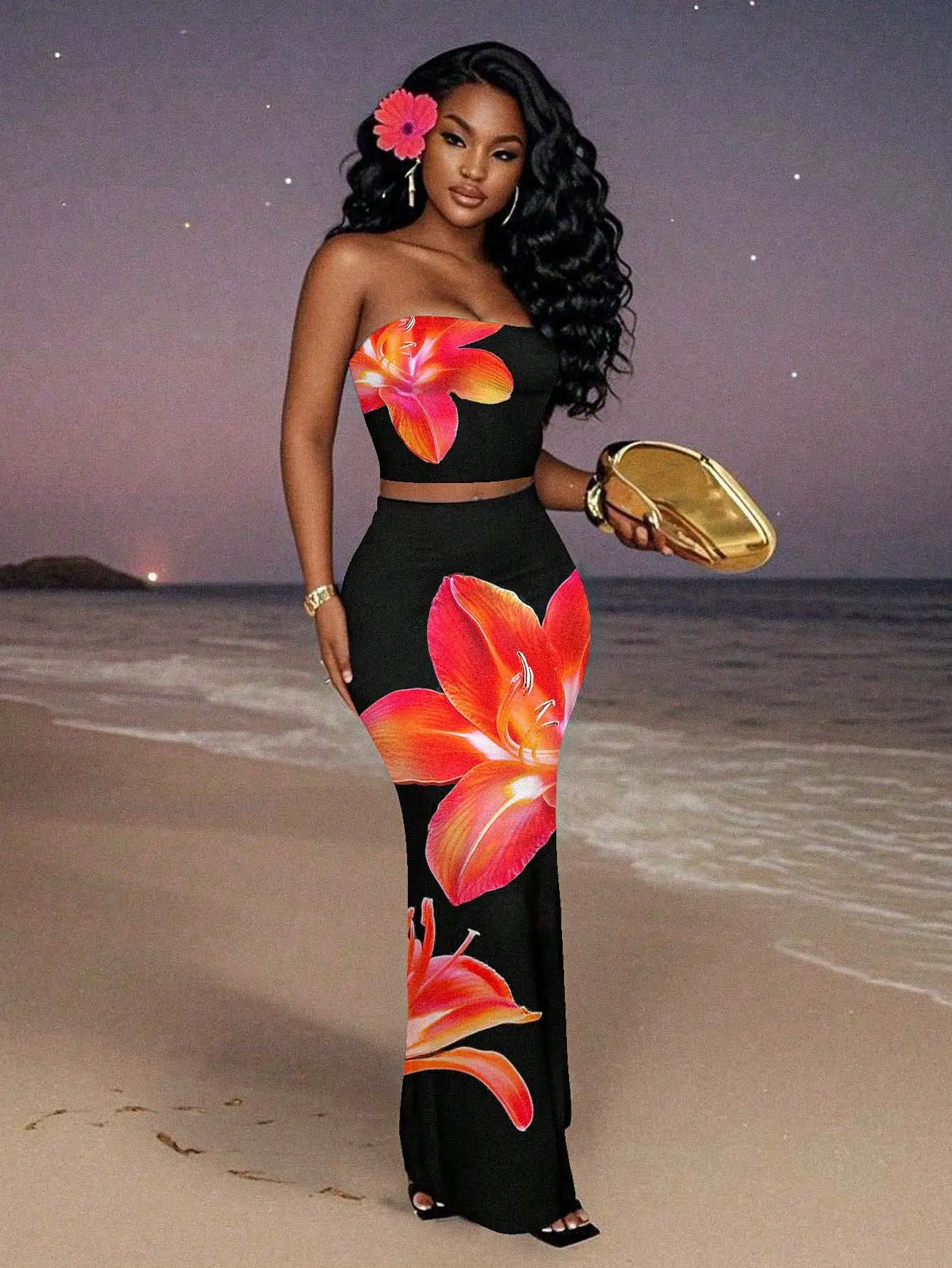 

Black Floral Print Sleeveless 2-Piece Maxi Set for Women - Vacation & Party Wear