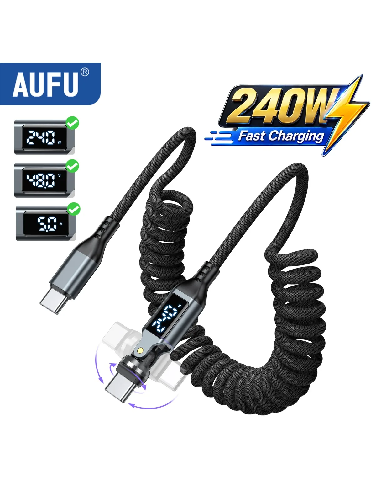AUFU 540 °   Kabel USB-C do USB-C 240W z wyświetlaczem, szybkie ładowanie, sprężynowy kabel USB-C do USB-C do iPhone 17, Xiaomi, Macbook, iPad — zdjęcie produktu 7