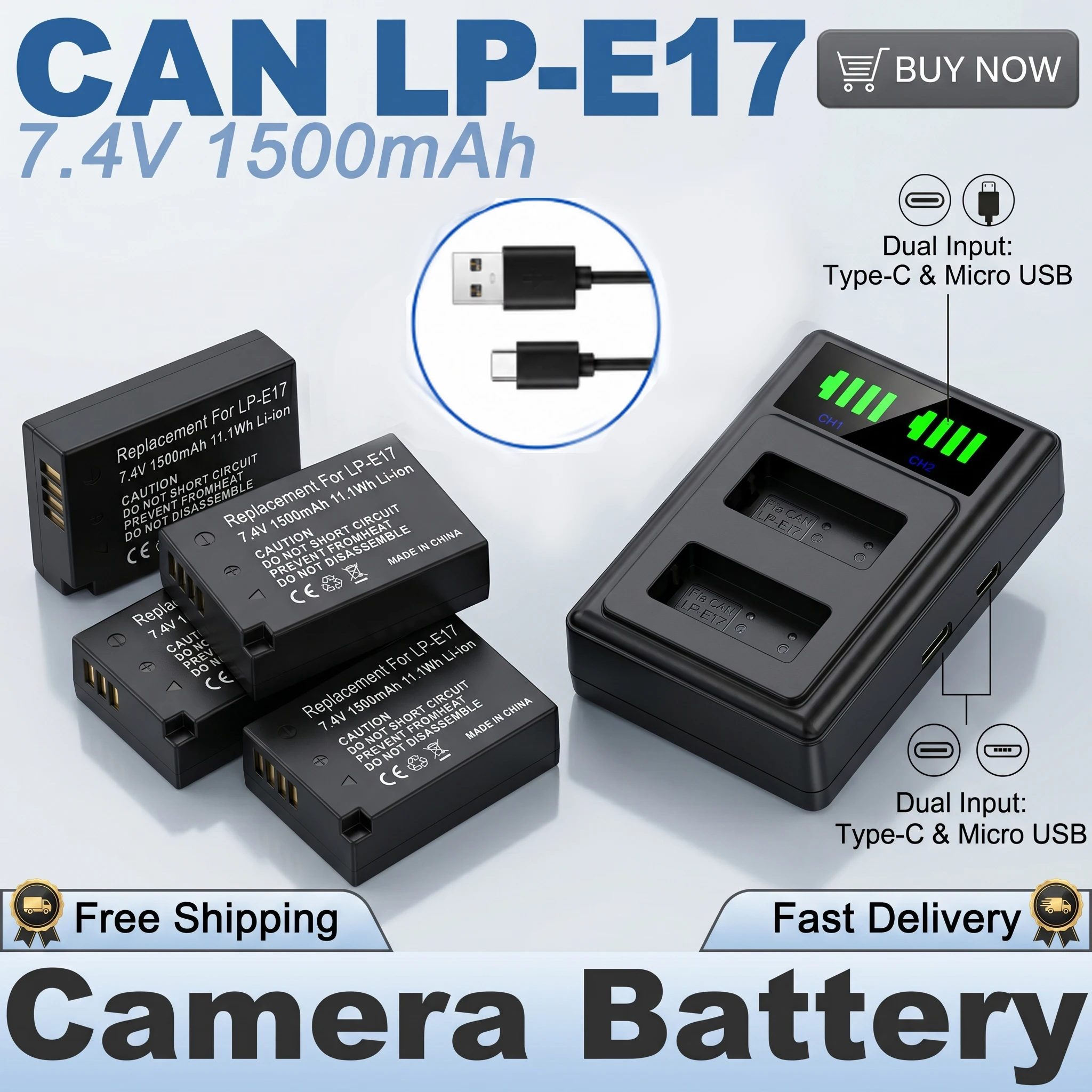 

LP-E17 Battery LED Dual USB Charger for Canon EOS R8 R10 R50 RP 200D 250D 800D 850D 750D 760D M3 M5 M6 Kiss X8i T6s T7i T8i
