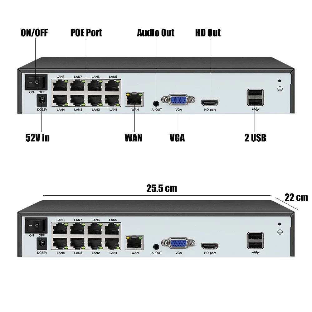 Enregistreur vidéo en réseau PoE, détection de visage, H.disparates, 8ch * 4K, 4ch/8ch, surveillance, NVR, 4/8 canaux pour caméra IP HD 8MP 5MP