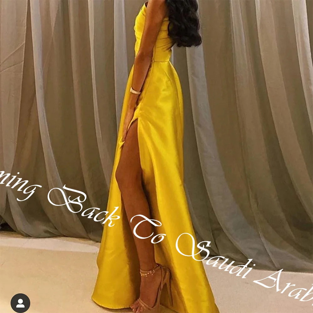 Customized  Exquisite Pleat Floor Length Side Slit A-Line Vestidos De Fiesta Satin Off The Shoulder Sleeveless Платье
