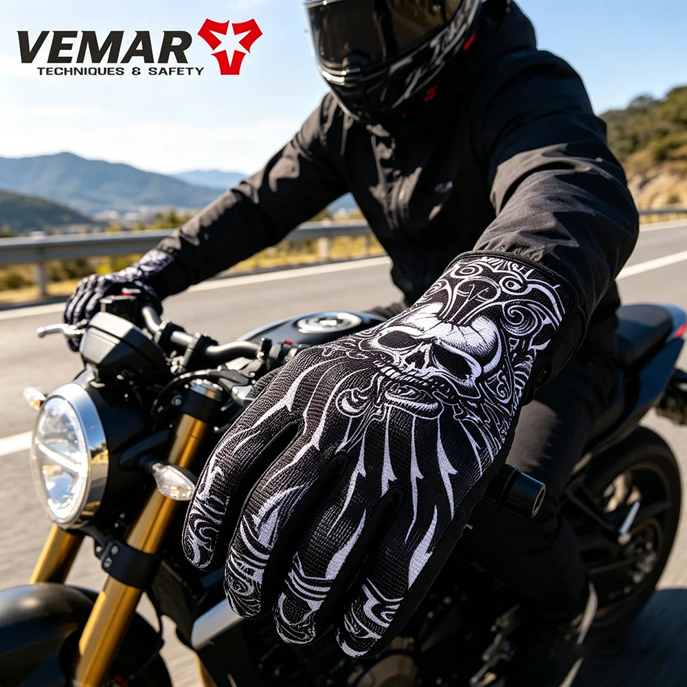 

VEMAR Vintage Retro Riding Gloves Skull Pattern Touch Screen Breathable Glove for Motorcycle Dirt Bike ATV MTB Cycling Equipment