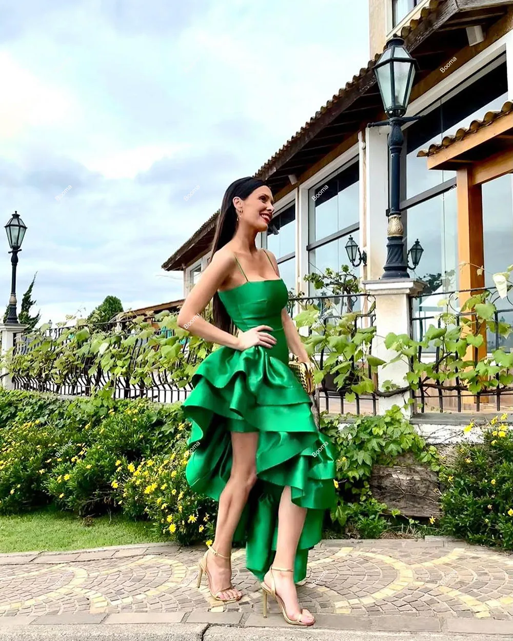 Booma Green Evening Dresses Spaghetti Straps Prom Gowns Tiered Stain Formal Party Dresses for Women Dubai Celebrity Dress