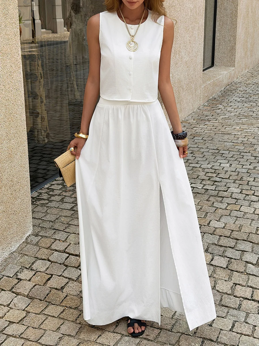 Onecozyday Women's Casual 2 Piece Skirt Set Solid White Sleeveless Crop Top & High Waist Maxi Skirt With Slit 2026 Casual Suit - view 6