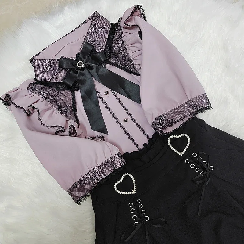 Kawaii النساء القمصان Jirai Kei لوليتا Y2K لطيف النمط الياباني بلوزة أنيقة طويلة الأكمام الحلو القمم قميص الجمالية غير رسمية 2024