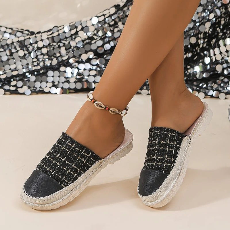 New Women's Mules Comfortable Flats Slip-on Beach Casual Shoes Fashion Plaid Tweed Woven Fabric Espadrilles Closed-toe Slippers