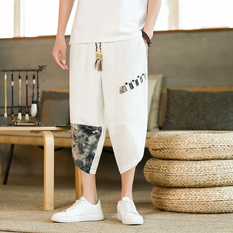 

Мужские льняные брюки из ледяного шелка, повседневные, летние, тонкие, дышащие, больших размеров, свободные, из хлопка и льна, длиной семь восьмых