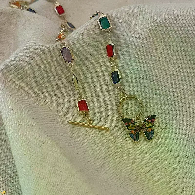 Fashion Retro Beaded Butterfly Rainbow Crystal Pendant Chain Choker Necklace For Women Bohemia Charm Jewelry Accessories