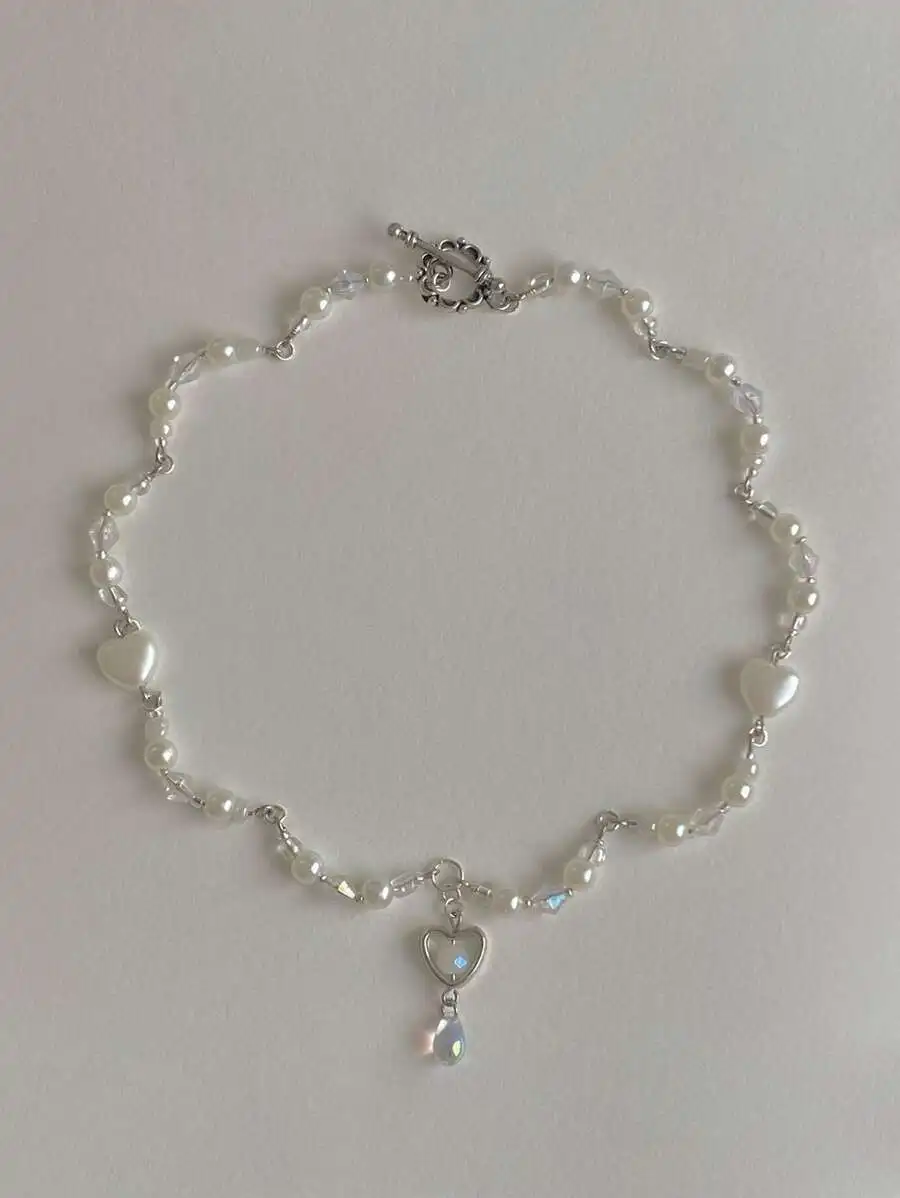 Faux Pearl Heart And Water Drop Charm Necklace For Women Daily Wear Valentine