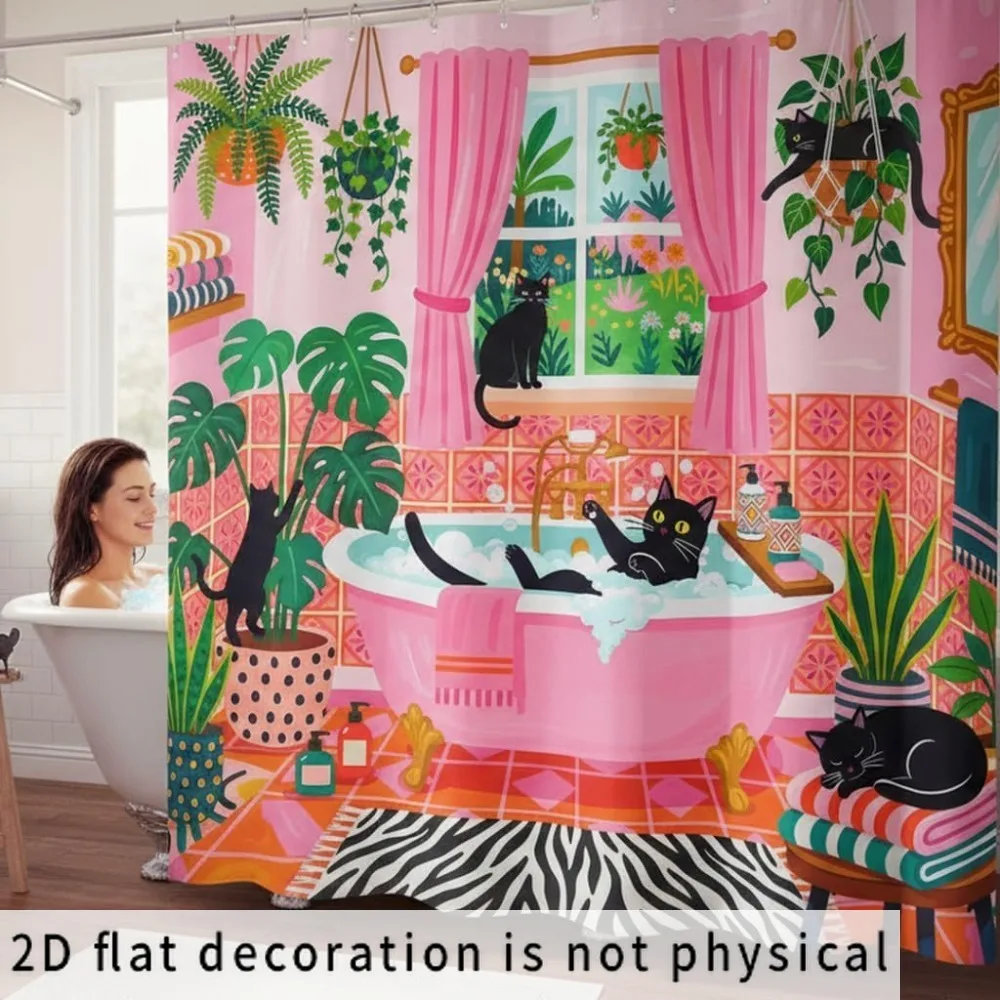 Whimsical Cat and Plant Pattern Shower Curtain Waterproof Bathroom Decor Liner Cute Tropical Kitty Shower Screen for Kids view 4