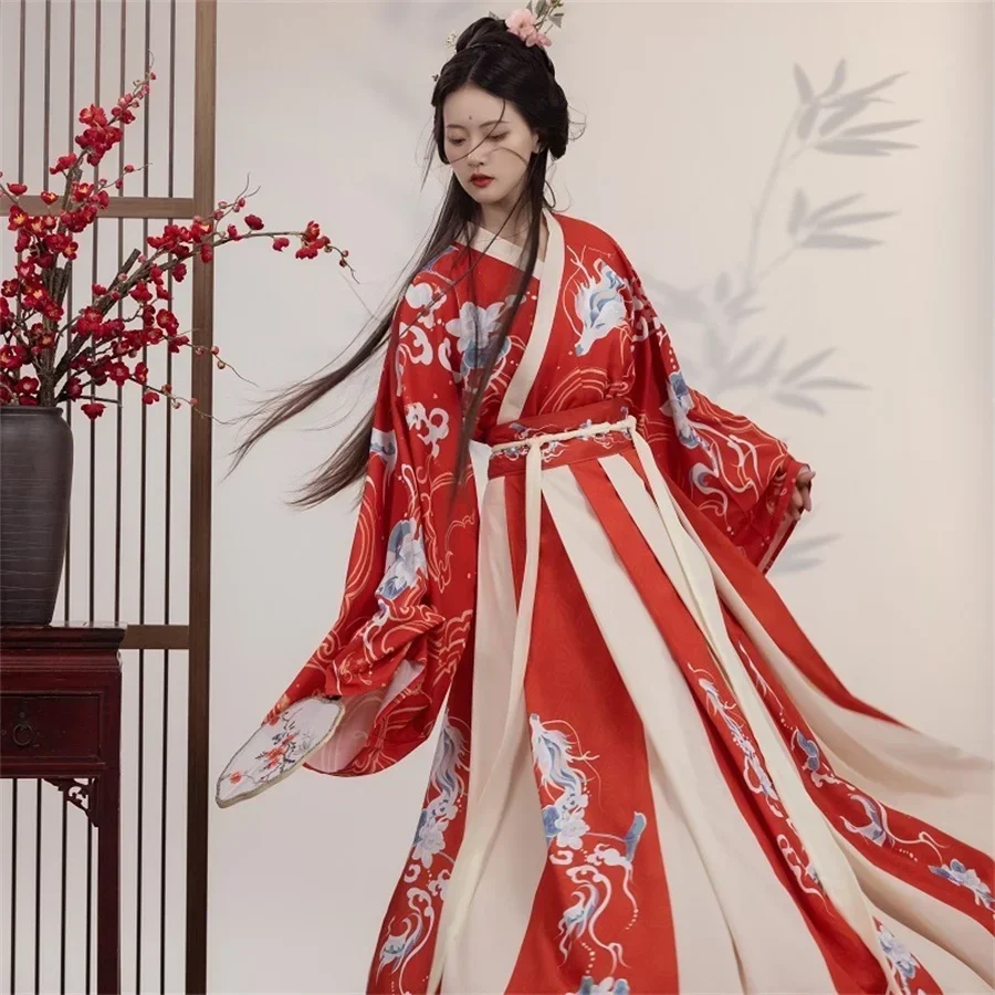 Зеленый красный летний костюм Hanfu, женское традиционное китайское Старинное платье, Восточная принцесса, элегантная танцевальная одежда династии Тан