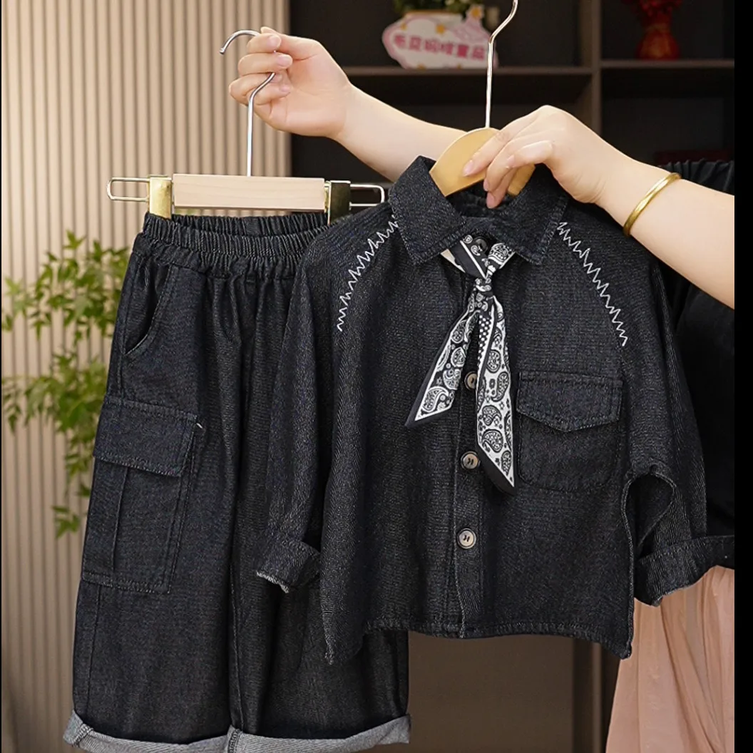 New  Children's Autumn Clothing Set Boys' And Girls' Silk Scarf Coat Jeans 3-Piece Fashionable Kids' Outfit