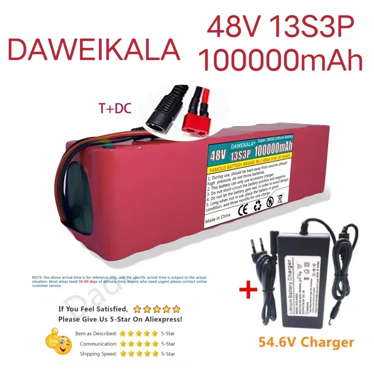 New 18650 48V 13S3P 100000Ah 1000W lithium-ion battery pack with BMS+charger 54.6v