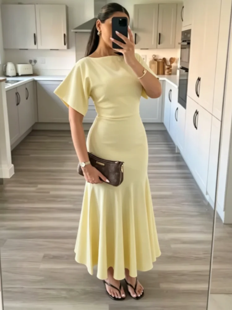 new look yellow midi dress New Look Square Neck Gathered Hips Midi Dress - Light Yellow
