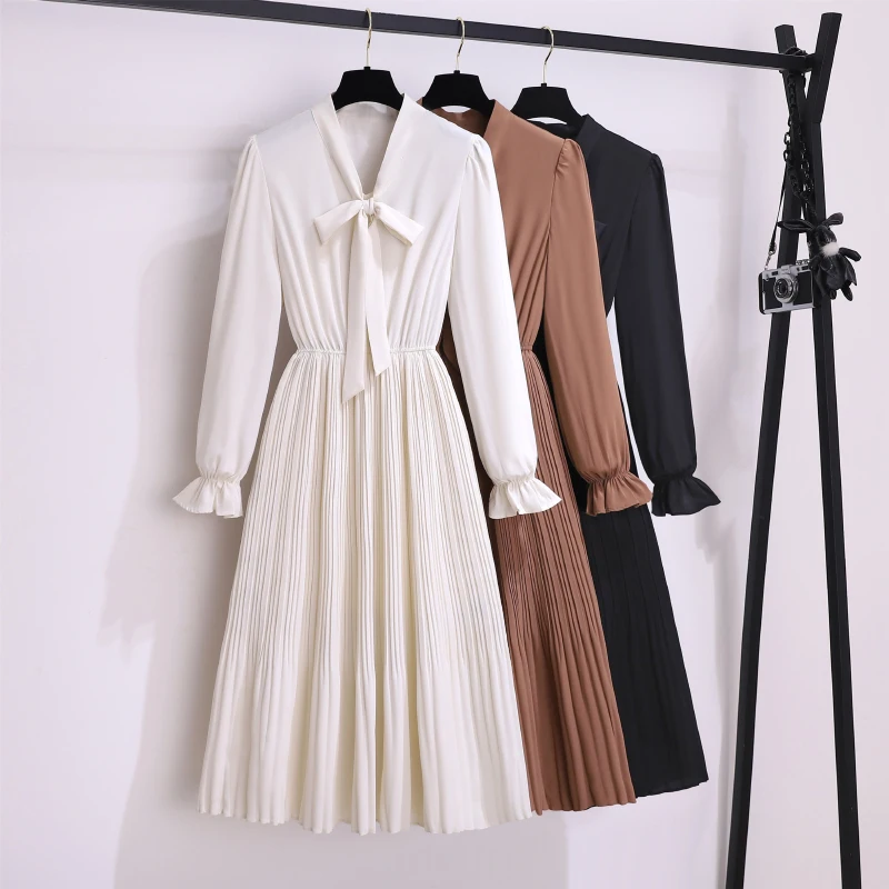 2024 Autumn New V-Neck Bow Horn Sleeve Chiffon Dress For Women Niche Temperament Simplicity Mid Length Casual Pleated Skirt