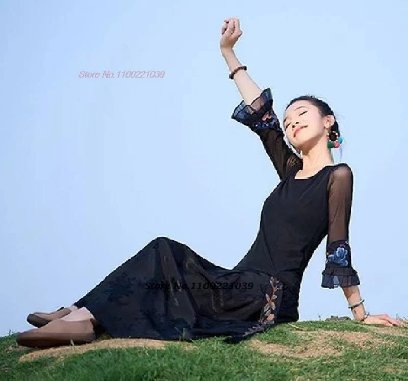 تنورة جاكار ساتان مطرزة بالزهور الصينية العتيقة لعام 2025 تنورة ميدي بخصر مطاطي تنورة فضفاضة شرقية عتيقة تنورة على شكل حرف a #4