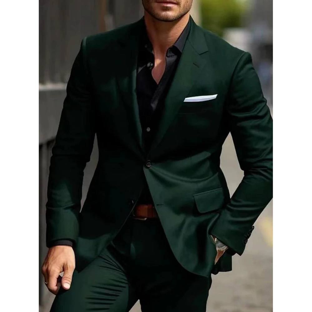 

Формальные зеленые мужские костюмы, элегантный однобортный облегающий костюм с лацканами, комплекты из двух предметов, куртка и брюки, высококачественный свадебный мужской пиджак