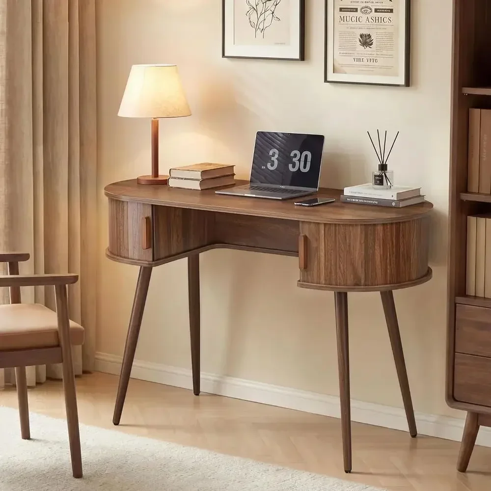 43 Walnut Oval Sliding Door Desk for Home Office, Compact Computer Desk for Small Spaces