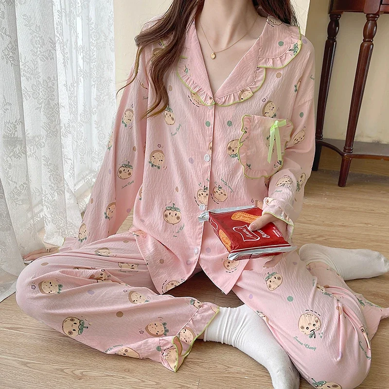 Plus Size Pajama Mujer Cherry Print Sleepwear Set Long Sleeve Top Pants Ruffle Homewear Skin-Friendly Breathable