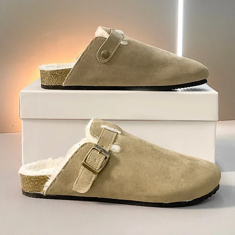 Suede Mules Slides with Arch Support Beach Shoes Plush Men's Shoes Birkenstock Slippers for Women Cork Footbed Sandals Female