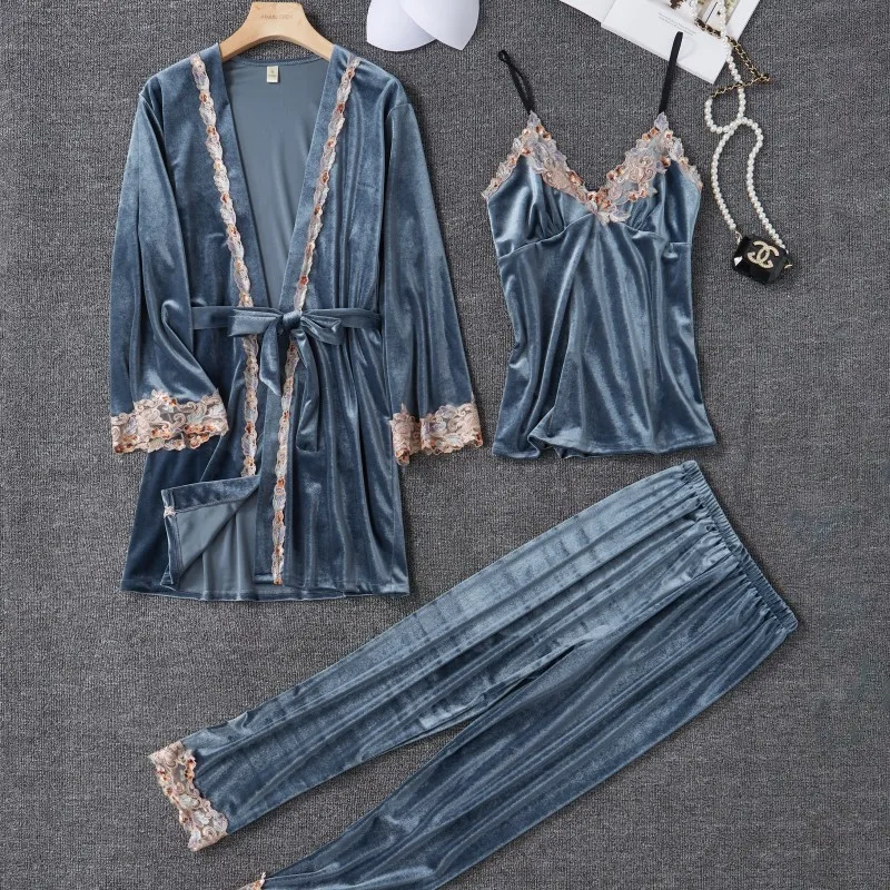 New Velour Pajama Suit Women 3PCS Robe Nightgown Set Sleepwear Lady Winter Velvet Warm Lace Folwer Kimono Bathrobe Gown 2025 - Image 5