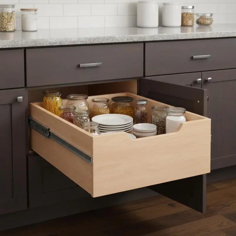 

Sliding Wood Drawer 17"W x 21"D For Kitchen Pantry Bathroom, Soft Close Slides Heavy-Duty Construction Base Cabinet Organization Natural Wood Finish Bottom Side Mount Assembly