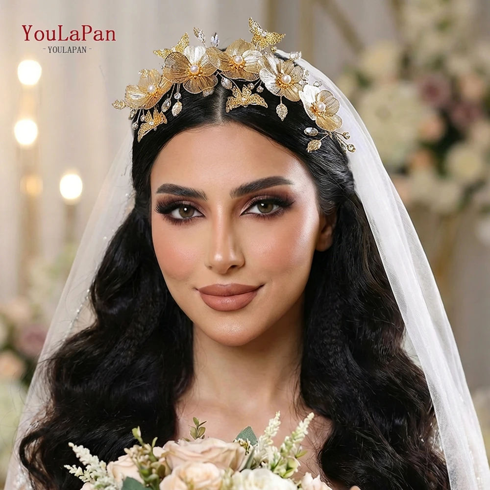 

Изысканная свадебная повязка на голову TouLaPan с золотистыми бабочками, свадебные аксессуары для волос из сплава с цветами, элегантный женский головной убор для выпускного вечера HP993