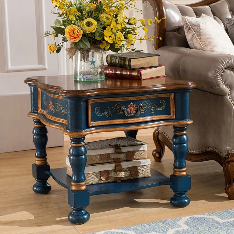 أثاث غرفة المعيشة طاولة قهوة من الخشب الصلب بطول 1.2 متر ودرج على الوجهين وطاولة قهوة زرقاء مطلية يدويًا