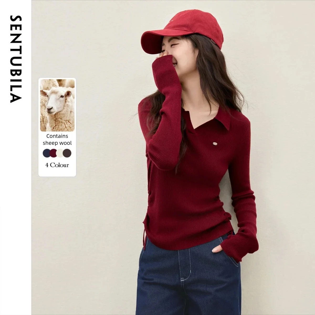 SENTUBILA Polo Collar Knitted Tops 2026 Autumn Fashion Solid Slim Soft Long-sleeved Tops Office Lady Sports Pullover W53HL3519