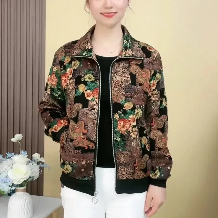 Pakaian wanita Vintage musim gugur musim semi jaket bunga ritsleting baru kardigan kasual serbaguna longgar ukuran besar mantel lengan panjang Z678