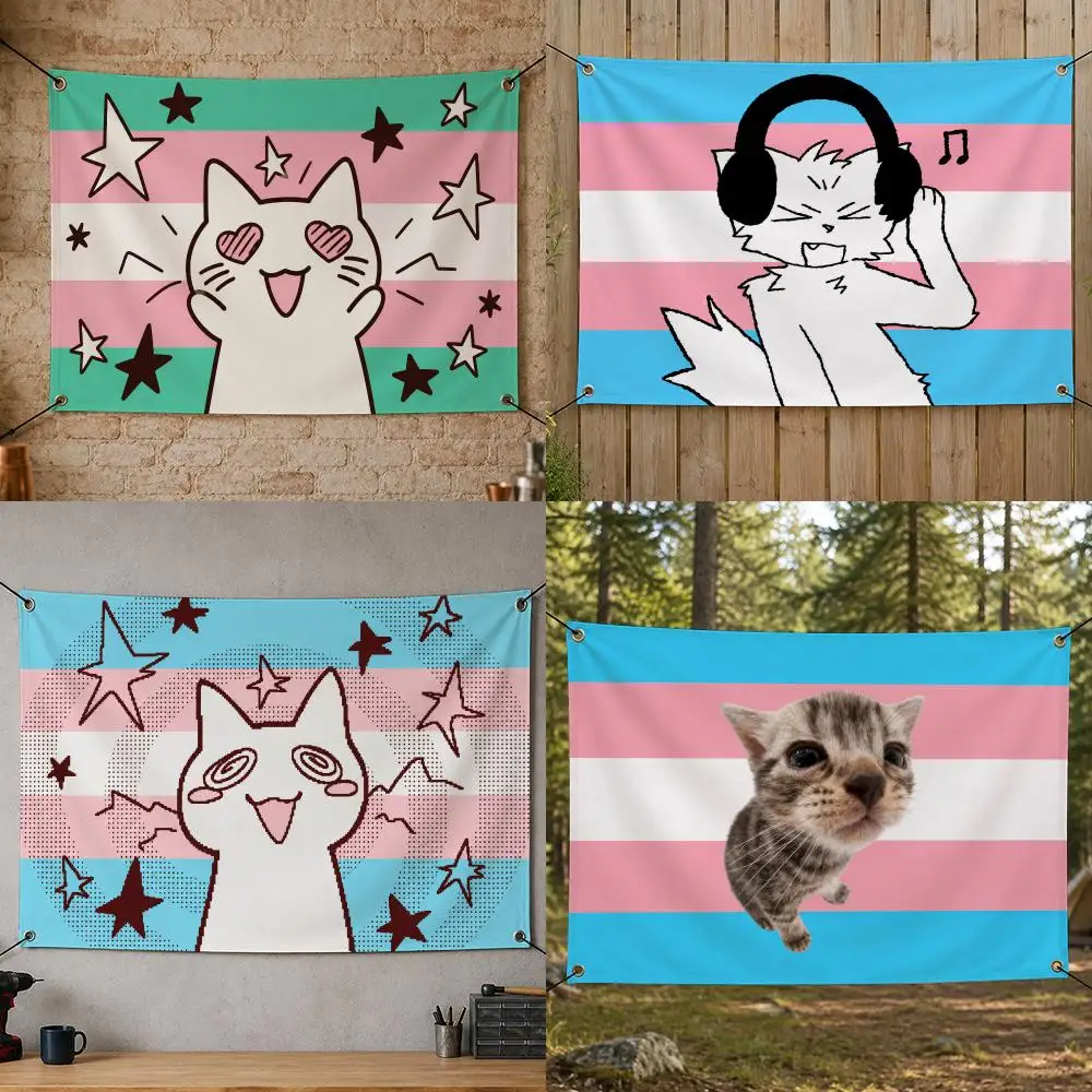 Meme T-Trans Pride Cat Flags Flag Banner for Bedroom Dorm Party Home Living Room Game Room Gift