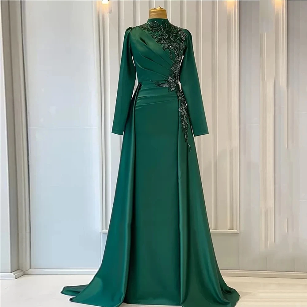 Vestidos De Noche modernos De satén verde para mujer, apliques De mangas completas, cuello alto, vestido De graduación, tren De barrido De sirena, batas De cóctel