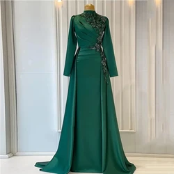 Green Satin Modern Evening Dresses For Women Applique Full Sleeves High Neck Prom Gown Mermaid Sweep Train Robes De Cocktail