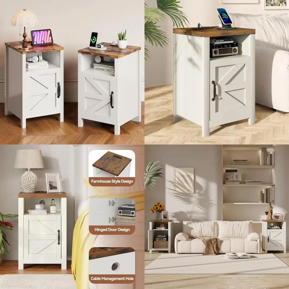 مجموعة منضدة محطة الشحن مكونة من قطعتين مع تصميم باب الحظيرة وطاولات نهاية التخزين لغرفة المعيشة وغرفة النوم