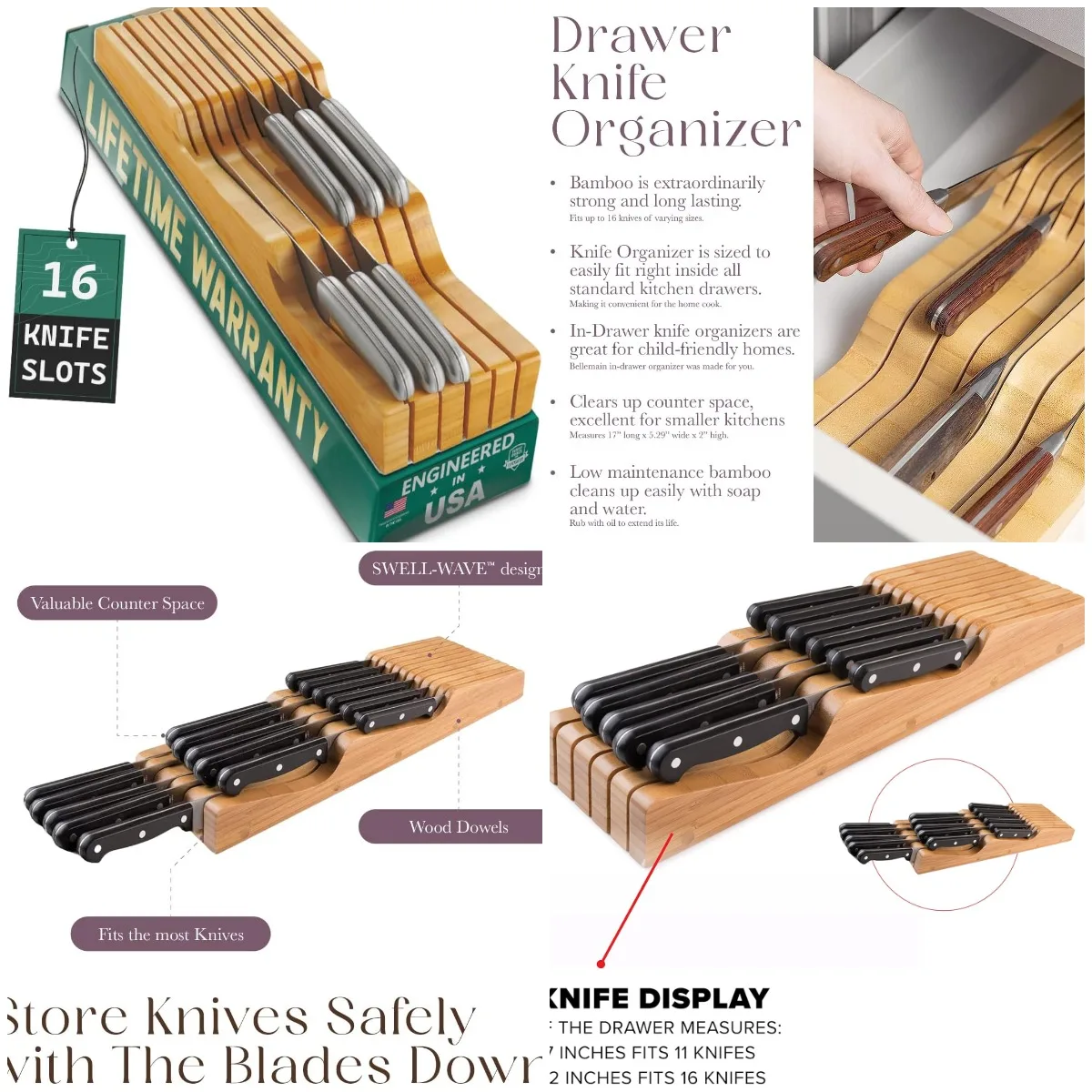 

100% Pure Bamboo Knife Drawer Organizer with 16 Slots | Blades Down Storage Solution