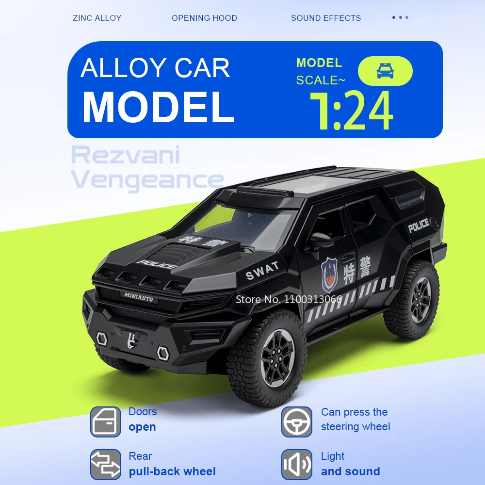 

1:24 Rezvani Vengeance Model Y Alloy Cars Diecast Toys Models Doors Opened Sound Light Pull Back Vehices Birthday Gift for Kids