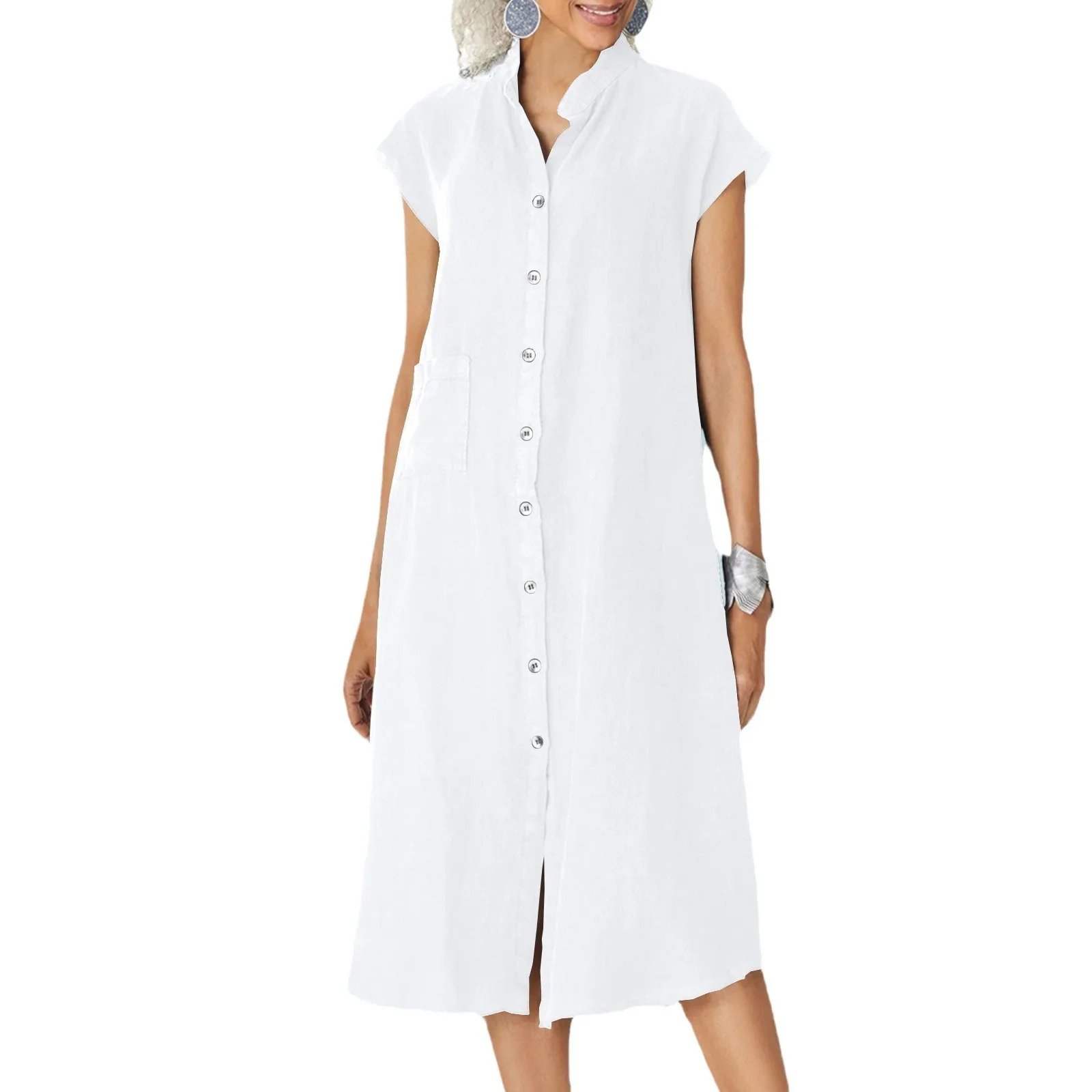 Casual Cotton Midi Shirt Dress Women's Black Single Button Stand Collar Dress European Style Pure Color mid Waist A-Line Skirt view 2