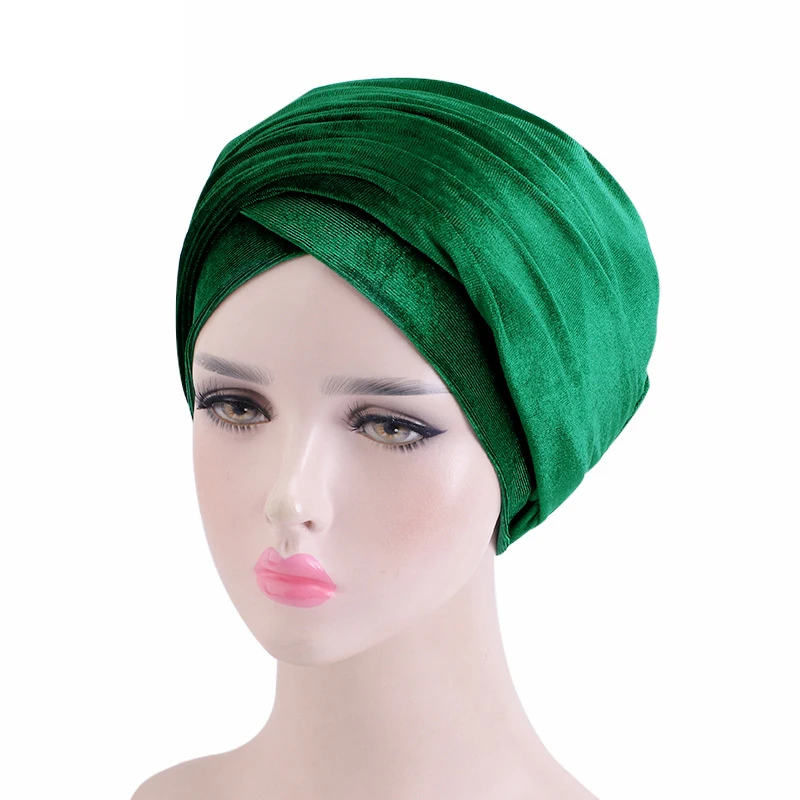 Gorros Hijab de terciopelo para mujer, turbante africano, gorro de cola larga, moda musulmana, envoltura para la cabeza, Color sólido, 1 pieza